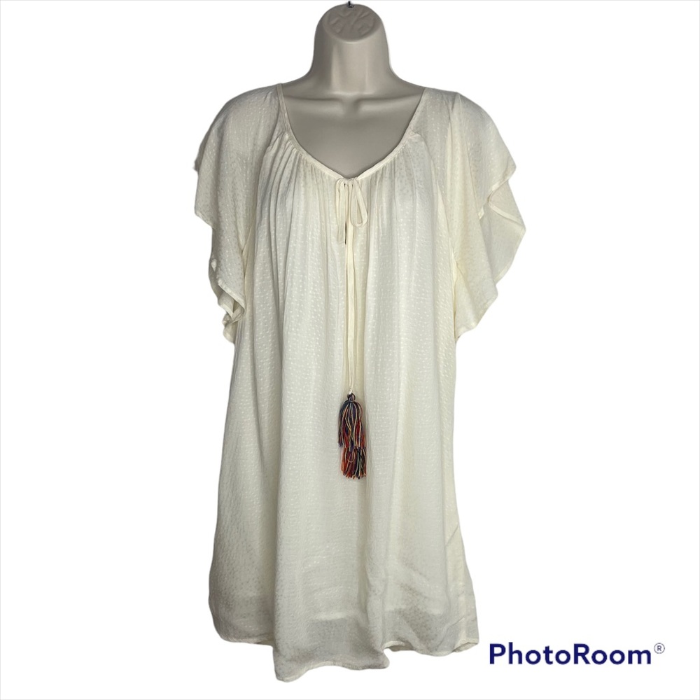 Mary & Mabel Mini Dress Womens Off White Short Sleeve Textured Tassel Size S